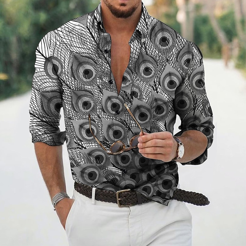 Men's Feather Shirt Aloha Shirt Long Sleeve Fashion Designer Casual Outdoor Vacation Daily Spring & Summer Stand Collar 3D Print Button-Down Black White Black / Green Yellow Army Green3
