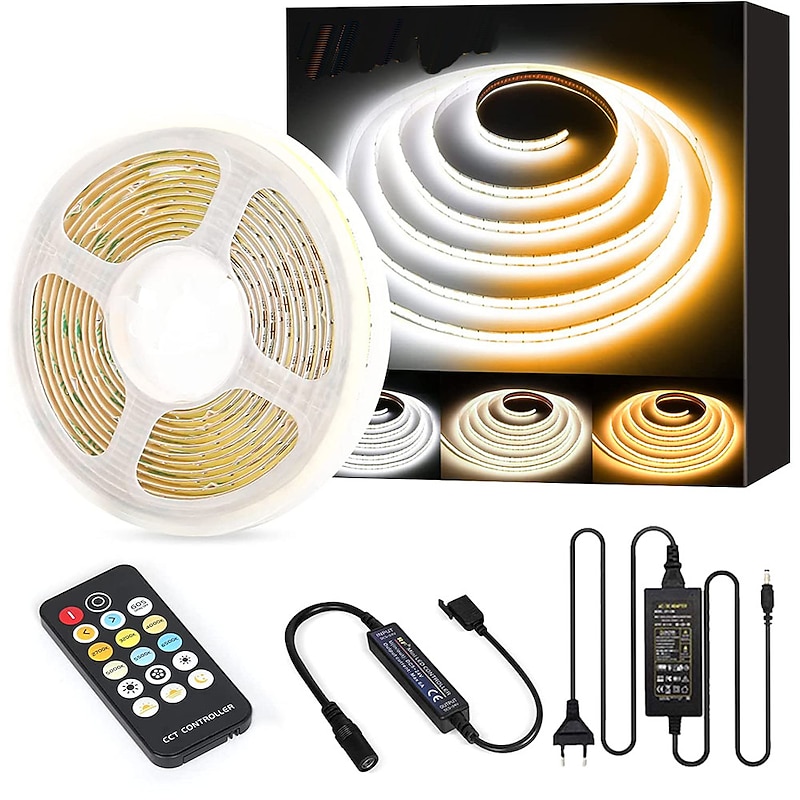 COB LED Strip Light White CCT Tunable 3200LEDsCRI90 16.4ft/5m Dimmable 2700K-6500K 24V LED Tape Lights Kit with UL-Listed Power Supplyfor Under Cabinet Bedroom Kitchen TV Mirror DIY Lighting