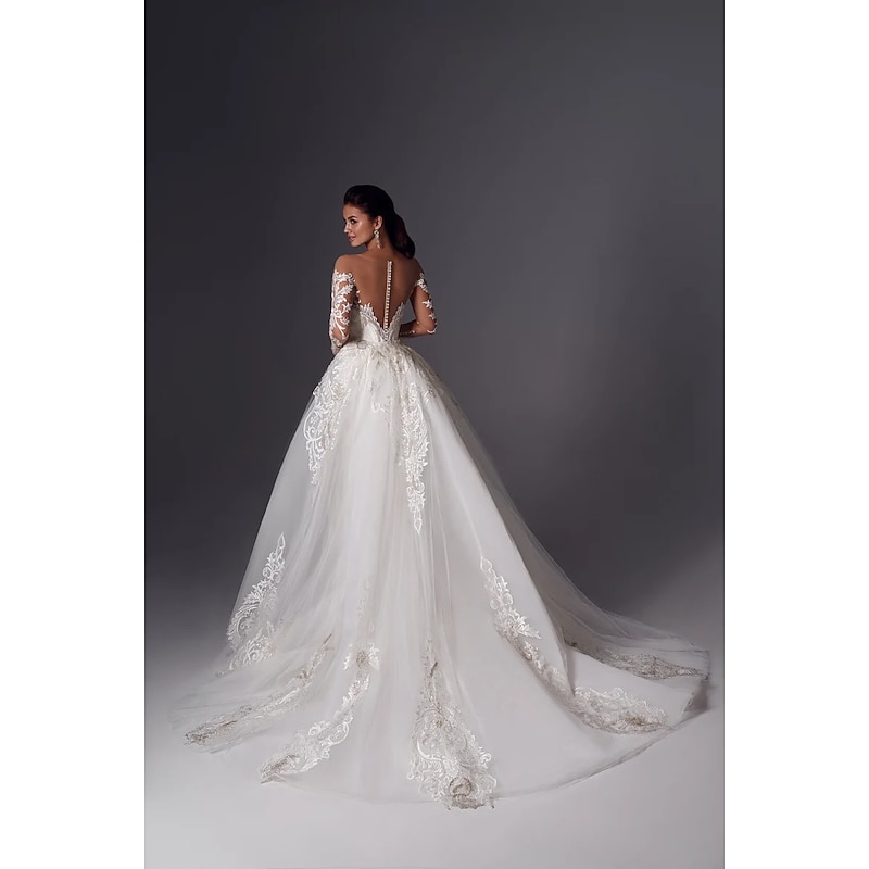 Engagement Formal Wedding Dresses Mermaid Off Shoulder Long Sleeve Court Train Satin Bridal Gowns With Appliques Solid Color2