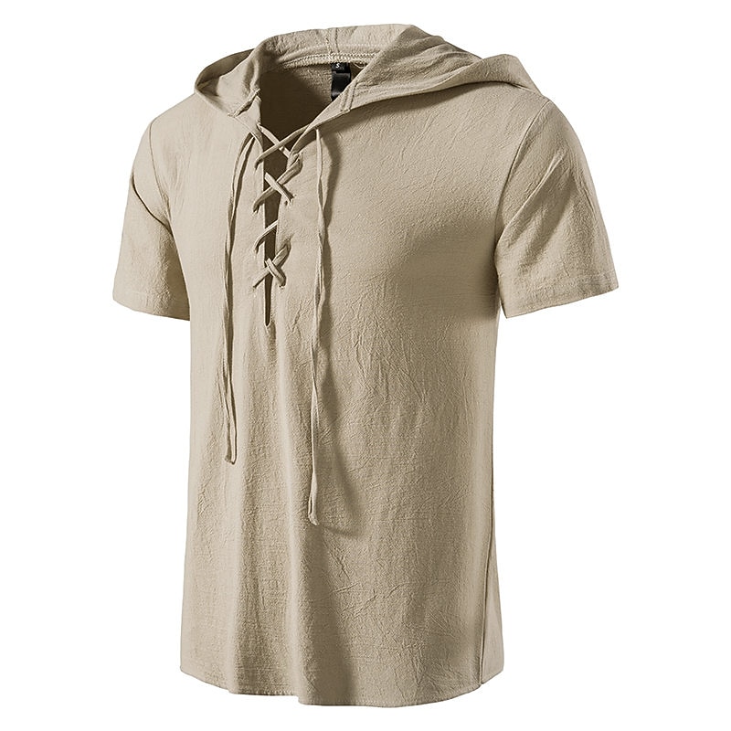 Men's Cotton Linen Shirt Summer Shirt Casual Shirt Beach Shirt Solid Color Vacation Casual Black White Khaki Dark Blue Short Sleeve Hooded Summer Clothing Apparel Drawstring2