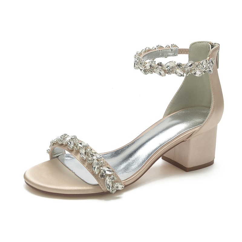 Women's Green Satin Wedding Sandals – Rhinestone Ankle Strap Block Heel Open Toe Bridal Shoes for Evening & Prom 9