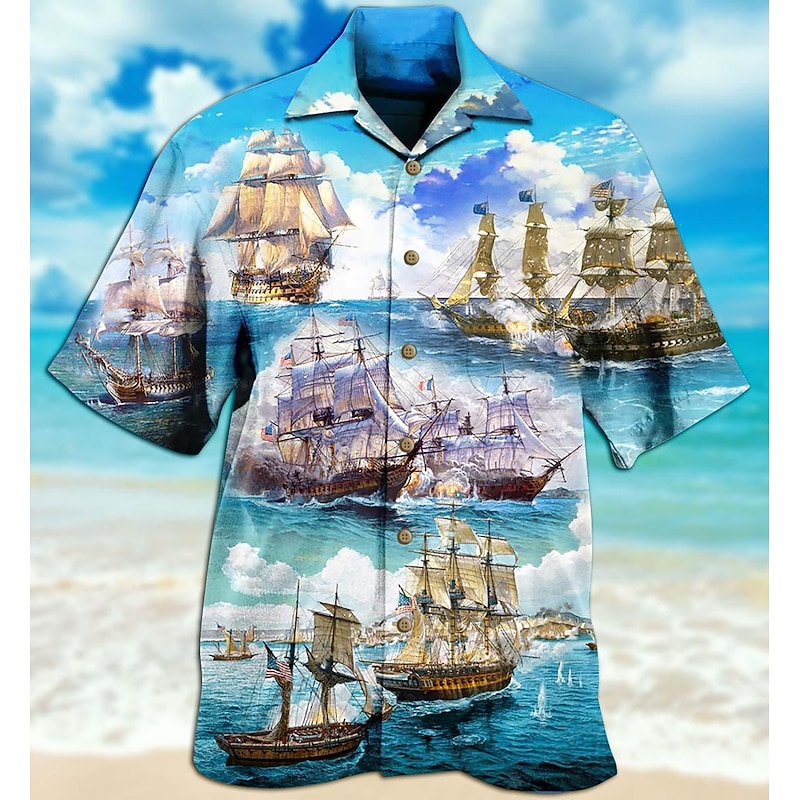 Men's Boat Seascape Pattern Shirt Summer Hawaiian Shirt Aloha Shirt Short Sleeve Shirt Cuban Collar Tropical Fashion Streetwear Casual Hawaiian Holiday Black White Yellow S M L3