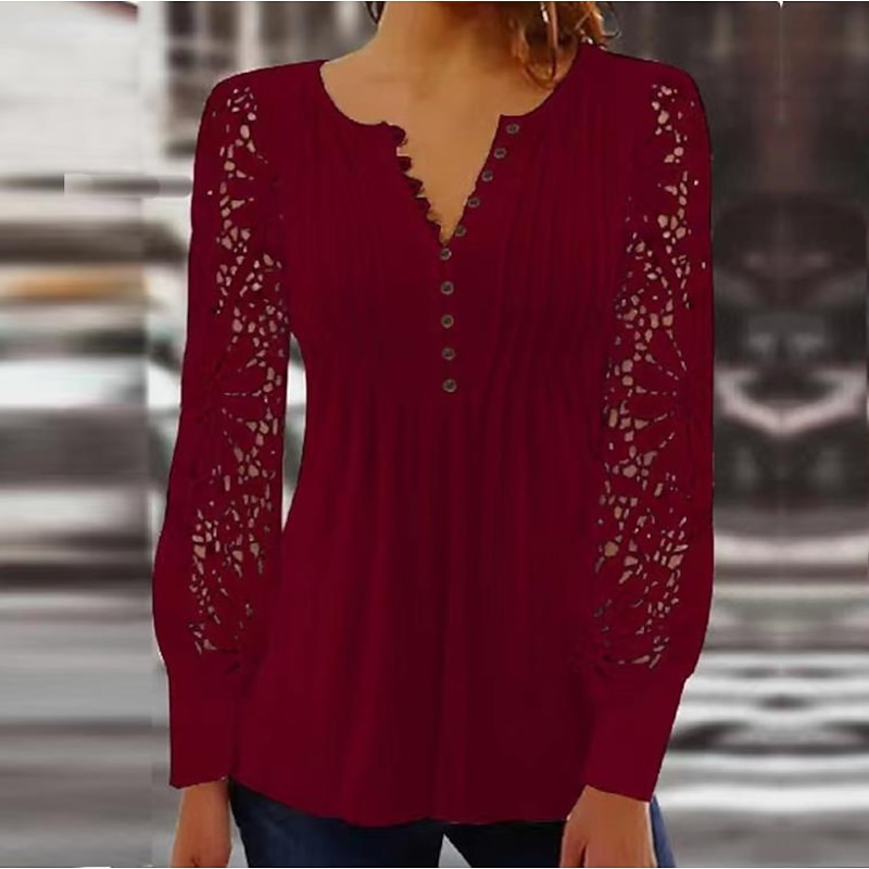 Women's Cotton Lace Shirt Blouse Dressy Tops Elegant Fashion Basic Solid Color Pleated Patchwork Long Sleeve Regular Tops Notched Neck Casual Daily White Red Spring Fall2