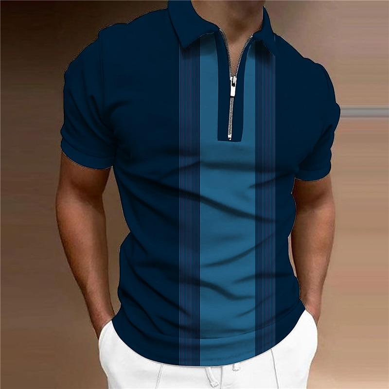 Men's Striped Zip Polo Shirts Golf Shirt Short Sleeve Polo Shirts Collared Shirts Business Casual WorkWear Formal Wear Festival Wear 3D Print Quarter Zip Polo Wine Blue Brown4