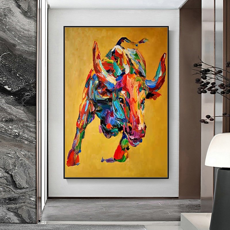 Mintura Handmade Bull Oil Paintings On Canvas Wall Art Decoration Modern Abstract Animal Picture For Home Decor Rolled Frameless Unstretched Painting