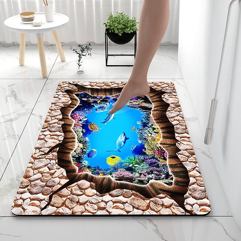Diatomaceous Earth Bath Mat 3D Seaworld Super Absorbent Bathroom Rug Door Mat New Design