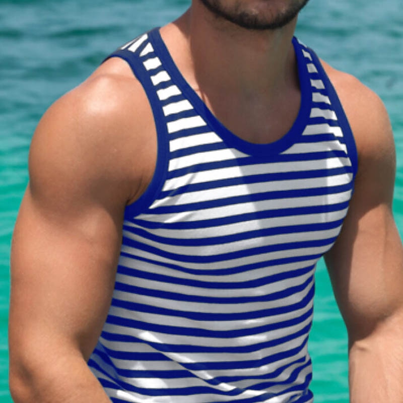 Men's Tank Top Vest Top Undershirt Sleeveless Shirt Sleeveless Crew Neck Summer Striped Fashion Streetwear Athleisure Print Vacation Athleisure Going out Red Blue Green Top Tee for Men3