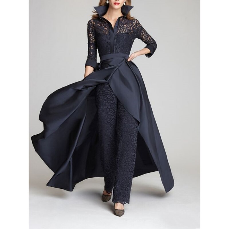 Jumpsuit Mother of the Bride  Formal Wedding Guest Vintage Party Shirt Collar Floor Length Satin Lace 3/4 Length Sleeve with Ruching4