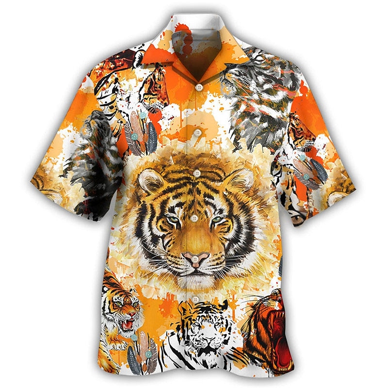 Chinese New Year Tiger Power Tiger, Mens Graphic Shirt Summer Hawaiian Prints Turndown Yellow Casual Holiday Short Sleeve Button Clothing Apparel Tropical Fashion Orange Cotton Native American Button-2