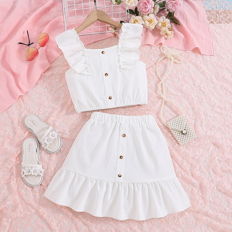 2 Pieces Kids Girls' Solid Color Ruffle Dress Suits Set Sleeveless Fashion School 7-13 Years Summer Ivory2
