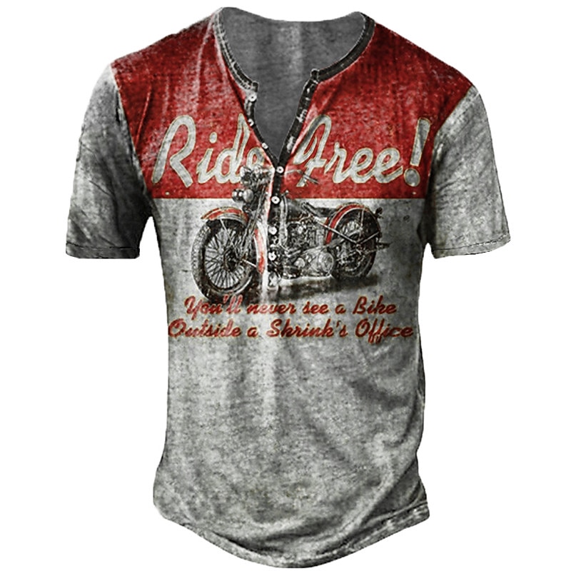 Men's T shirt Tee Henley Shirt Tee Graphic Motorcycle Henley Blue red Red Blue Purple Green 3D Print Plus Size Outdoor Casual Short Sleeve Button-Down Print Clothing Apparel Designer Stylish Retro4