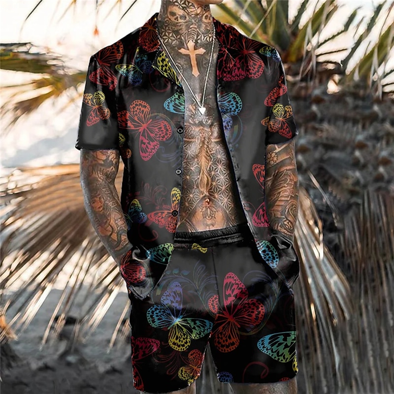 Men's Butterfly Leaves 2pcs Shirts Sets Summer Hawaiian Shirt Short Sleeve Short Pants Cuban Collar Tropical Fashion Hawaiian Casual Holiday Beach Print Summer Spring Black Black / Green Light Green