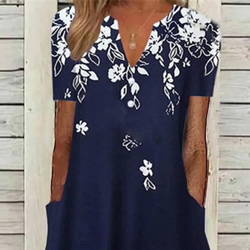 Women's Midi Dress Casual Dress Navy Blue Half Sleeve Floral Pocket Summer Spring Fall V Neck Vacation Daily Vacation 2023 S M L XL XXL 3XL2