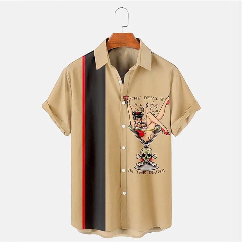 Men's Cocktail Hula Girls Shirt Bowling Shirt Button Up Shirt Short Sleeve Vintage Tropical Fashion Casual Beach Summer Spring Turndown Print Button-Down White Yellow Light Green Red Khaki3