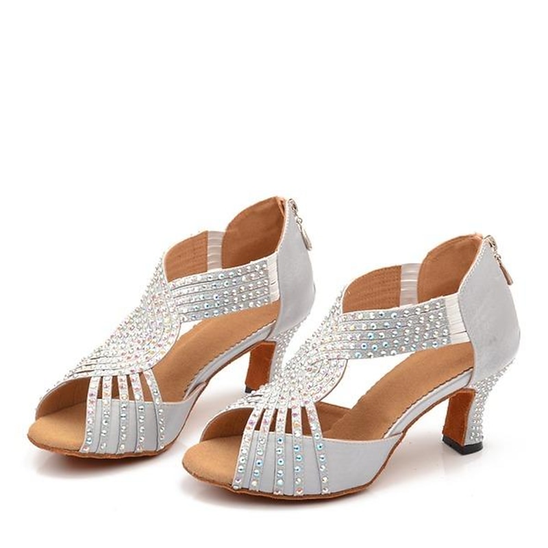 Women's Silver Rhinestone Latin Dance Sandals with Strappy Design, Soft Suede Sole and Mid Heels for Ballroom and Performance3