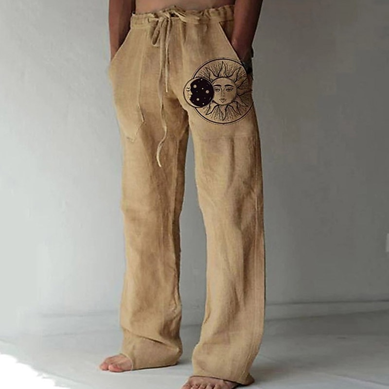 Men's Linen Pants Trousers Summer Pants Beach Pants Pocket Drawstring Print Sun Graphic Prints Comfort Outdoor Daily Going out Streetwear Stylish White Yellow3