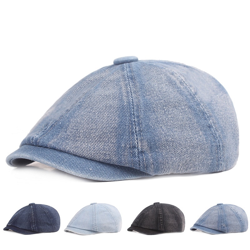 Men's Beret Hat Newsboy Hat Black Blue Denim Streetwear Stylish Casual Outdoor Daily Going out Plain Sunscreen