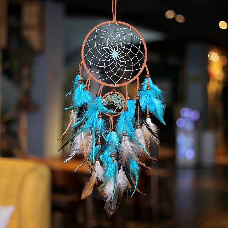 Dream Catcher for Wall Decor Blue Feather with Fairy Light Holiday Bedroom Home Wedding Decoration Birthday Party Blessing Gift2