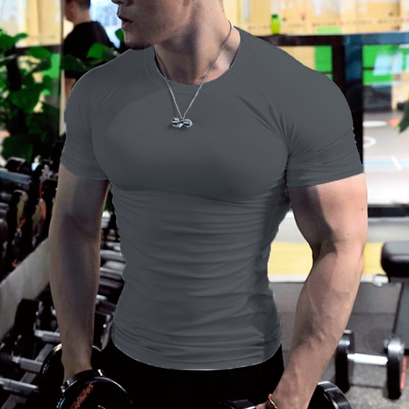 Men's Gym Shirt Running Shirt Short Sleeve Tee Tshirt Athletic Athleisure Solid Colored Quick Dry Soft Sweat wicking Breathable Jogging Training Bodybuilding Sportswear Activewear Black White Army
