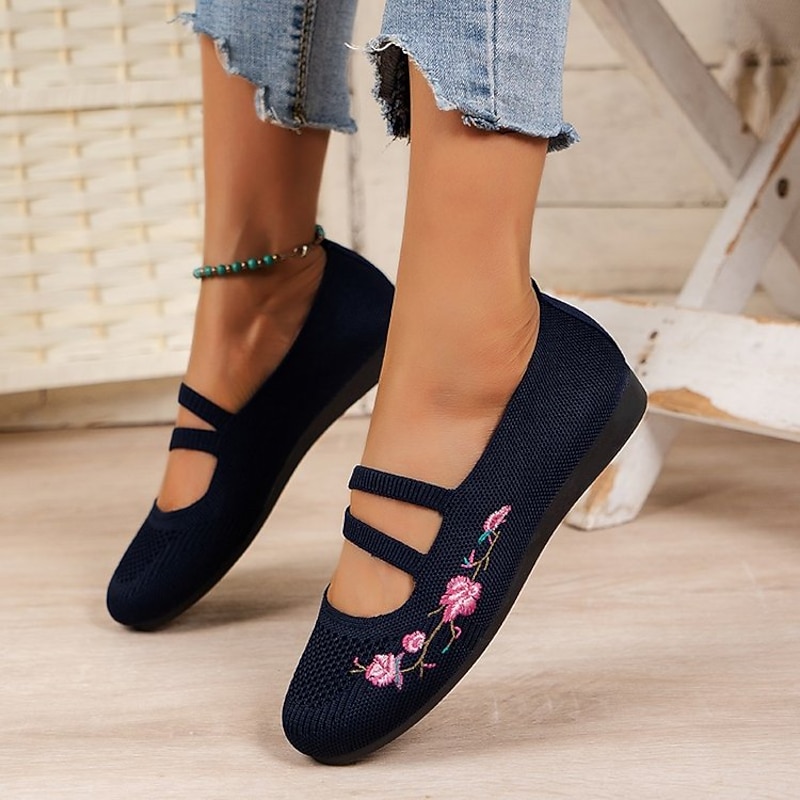 Women's Black Embroidered Mary Jane Flats – Breathable Mesh Slip-On Shoes with Double Straps – Casual & Vintage Style for Daily Wear2