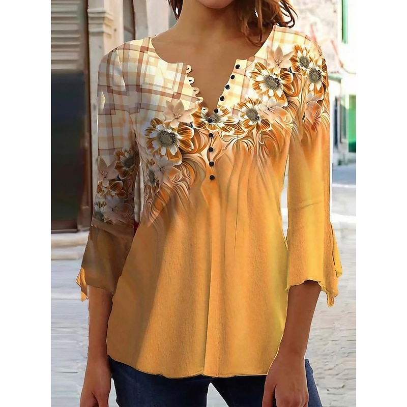 Women's T Shirt Basic Floral Buttons Print 3/4 Length Sleeve Regular Tops Round Neck Casual Weekend White Yellow