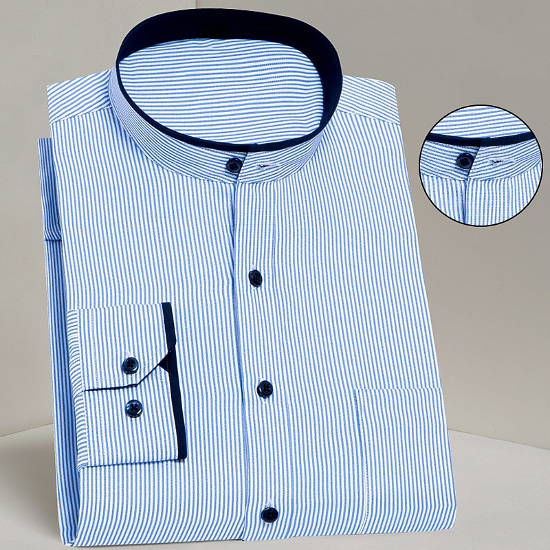 Men's Chinese Collar Shirt Mandarin Collar Shirt Dress Shirt Stripes Wedding Office & Career Blue Sky Blue Violet Long Sleeve Grandad Collar Spring Fall Clothing Apparel Pocket