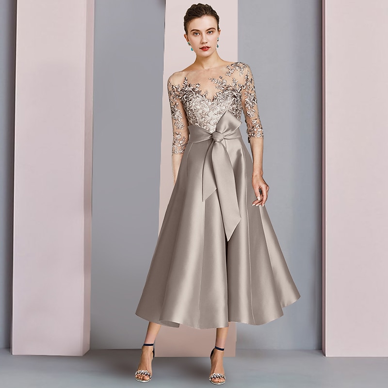 A-Line Mother of the Bride Dress Wedding Guest Elegant Party Scoop Neck Tea Length Satin Lace Half Sleeve with Bow(s) Appliques