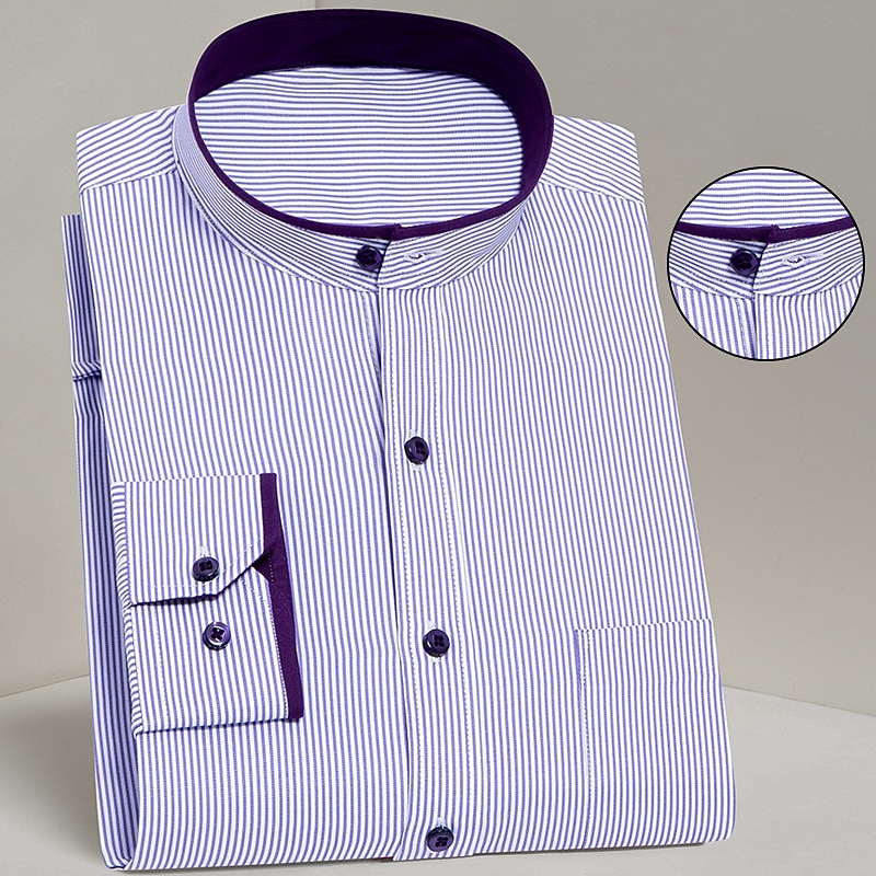 Men's Chinese Collar Shirt Mandarin Collar Shirt Dress Shirt Stripes Wedding Office & Career Blue Sky Blue Violet Long Sleeve Grandad Collar Spring Fall Clothing Apparel Pocket2