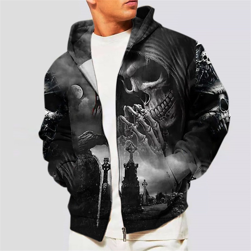 Men's Skull Ghost Graphic Prints Hoodie Hoodies Sweatshirt Streetwear Designer Long Sleeve Hooded Sports & Outdoor Daily Sports Black Dark Gray Zipper Print Spring &  Fall Designer2