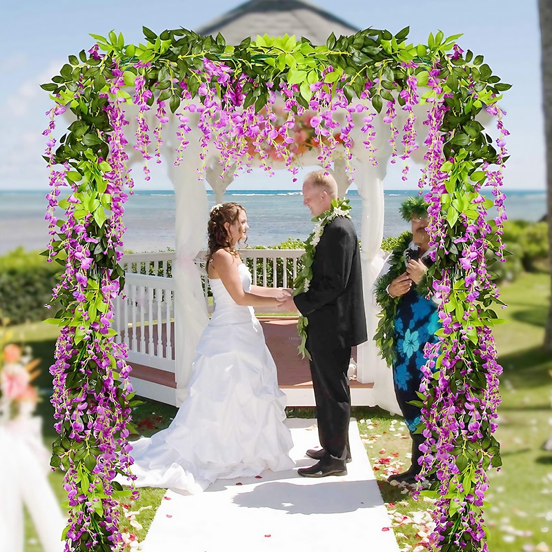 4Pcs Total 720cm/23.6ft Artificial Flowers Silk Wisteria Garland Artificial Wisteria Vine Rattan Silk Hanging Flower for Home Garden Outdoor Ceremony Wedding Arch Floral Decor