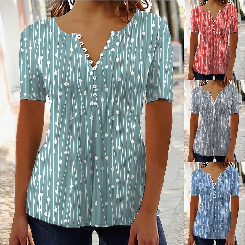 Women's T Shirt Henley Blouse Tunic Basic Casual Patchwork Buttons Print Short Sleeve Regular Tops V Neck Casual Red Blue Green Gray