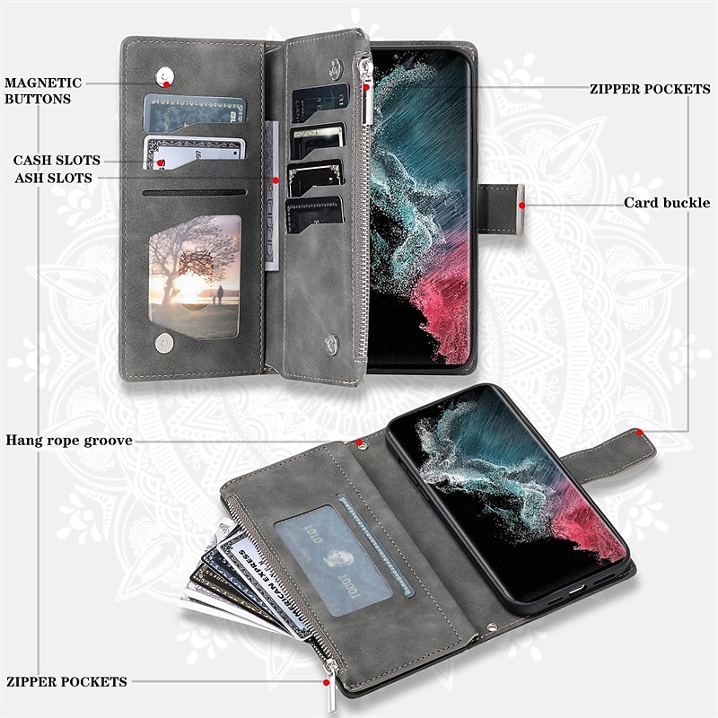 Phone Case For Samsung Galaxy S25 S23 S22 S21 FE S21 Ultra Plus A54 A53 A33 A13 S20 Wallet Case Flip Wallet Zipper Tile TPU PU Leather3