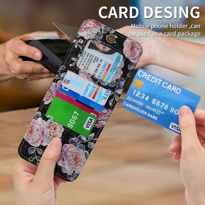 Phone Case For Samsung Galaxy Z Flip 6 Z Flip 5 Z Flip 4 Z Flip 3 Handbag Purse Wallet Case Flip Zipper with Removable Cross Body Strap Graphic Flower PU Leather3