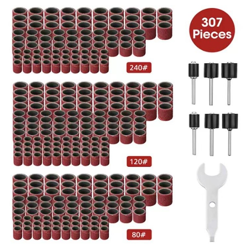 307 Pieces Drum Sander Set Sanding Drum Kit 300 Pieces Sanding Band Sleeves (80 /120 /240 ) + 6 Pieces Drum Mandrels for Dremel Rotary Tool (2.35Mm/3.17Mm)+ 1 Combination Wrench