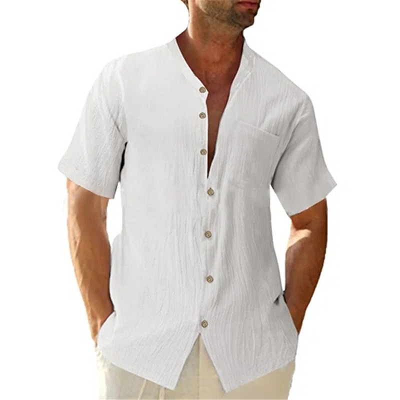 Men's Cotton Linen Shirt White Cotton Shirt Chinese Collar Shirt Mandarin Collar Shirt Summer Shirt Beach Shirt Plain Vacation Casual White Blue Gray Short Sleeve Collar Summer Clothing Apparel Front