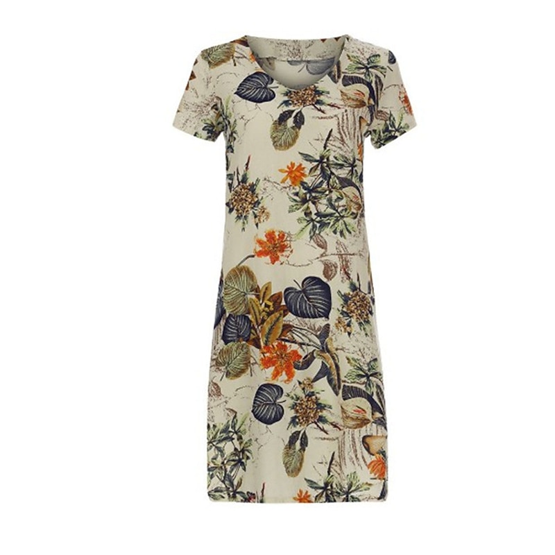 Women's Apricot Summer Spring Midi Dress Cotton Linen Dresses Casual Dress Cotton Summer Dress Basic Classic Casual Outdoor Vacation Daily Loose Fit Floral Leaf V Neck4