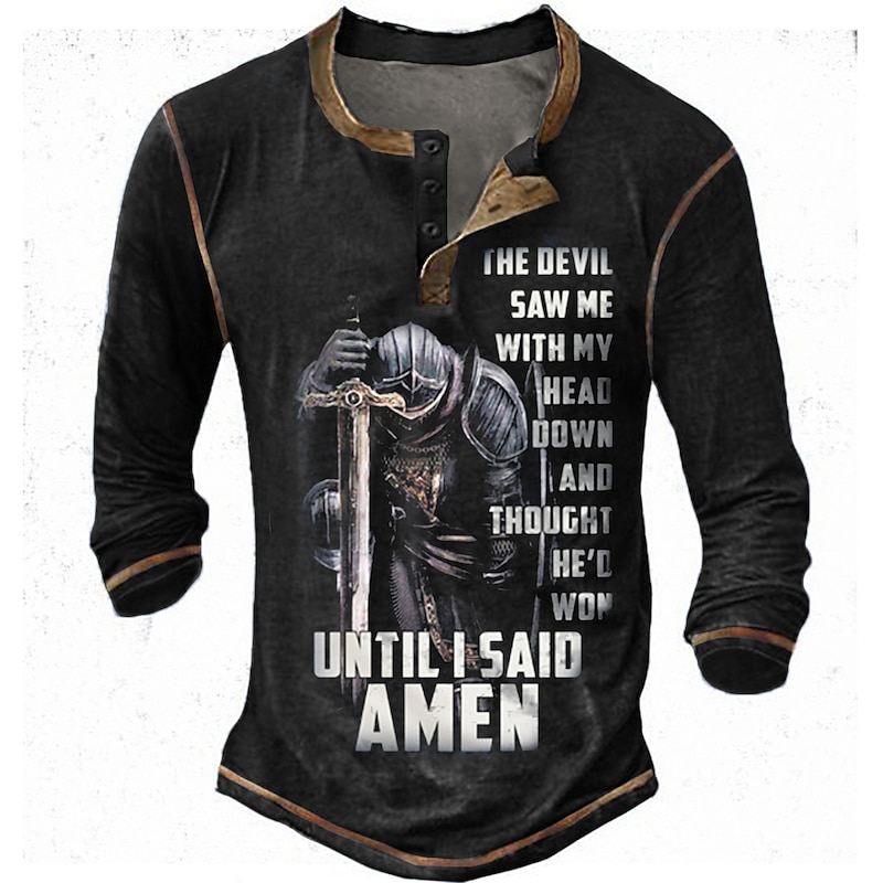 Men's Long Sleeve Henley Shirt - Christian Faith Warrior Graphic Tee "The Devil Saw Me... Until I Said Amen"4