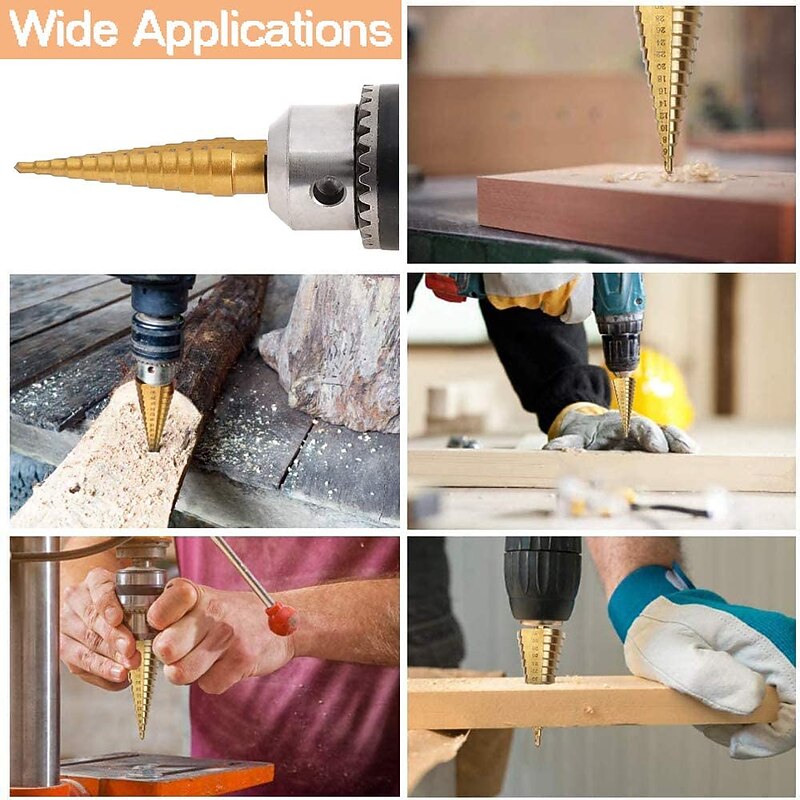 HSS Step Drill Bits Titanium 4mm-45mm Plastic Tube Packaging shank  for Wood and Metal, 5-19 Step Sizes from 4 mm to 45mm4