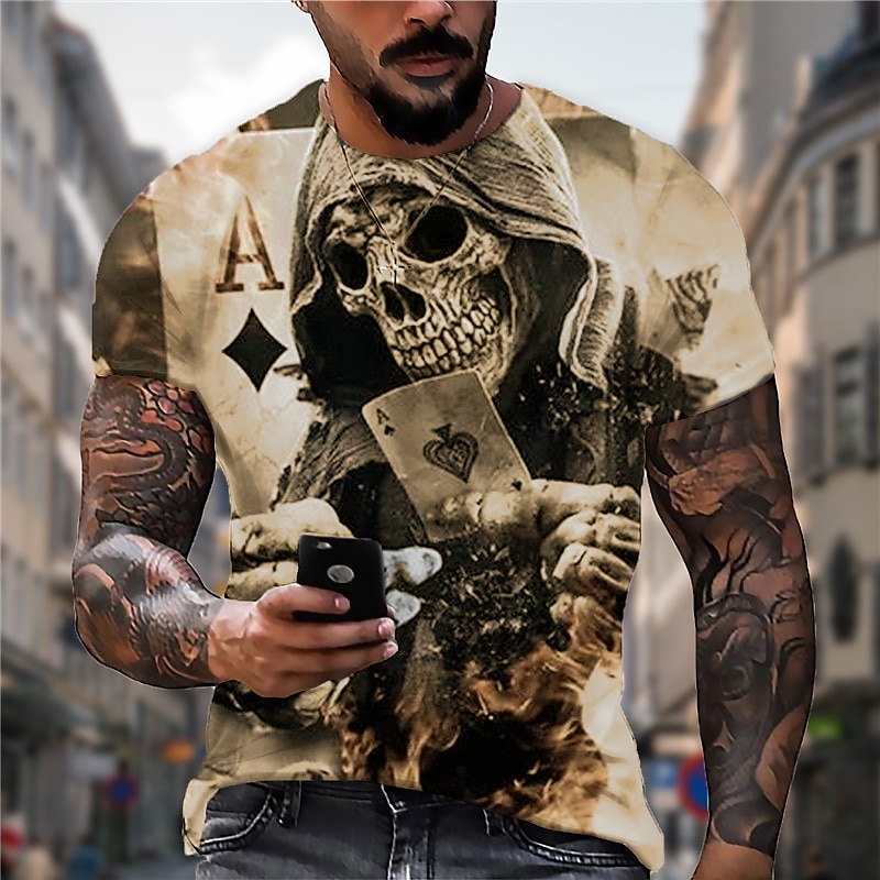 Men's Unisex Skull Graphic Prints Poker T Shirt Halloween Shirt Short Sleeve T shirt 3D Print Crew Neck Shirt Sports Designer Casual Outdoor Street Daily Red Brown Gray Summer Clothing Apparel S M L4
