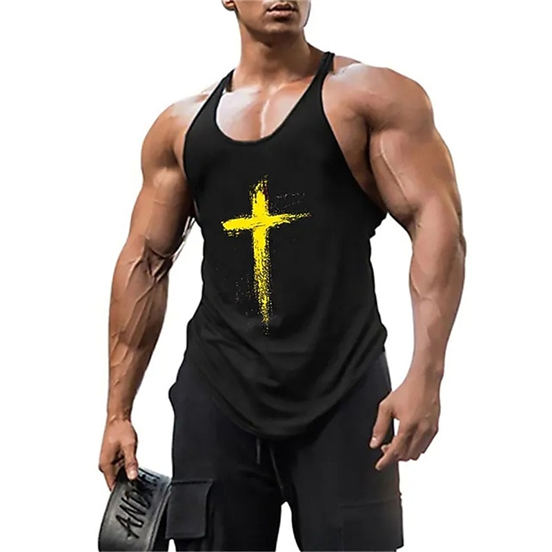 Men's Graphic Cross Tank Top Vest Top Undershirt Graphic Tee Sleeveless Shirt Sleeveless T shirt Crew Neck Shirt Fashion Streetwear Muscle Sports & Outdoor Athleisure Gym Black Red Gray Summer