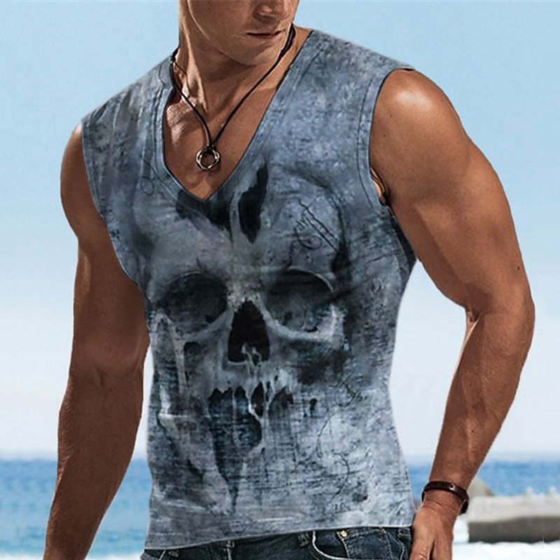 Men's Graphic Skulls Vest Top Sleeveless T Shirt for Men Sleeveless T shirt 3D Print V Neck Shirt Designer Casual Muscle Sports Running Gym Blue Purple Khaki Spring & Summer Clothing Apparel S M L XL2