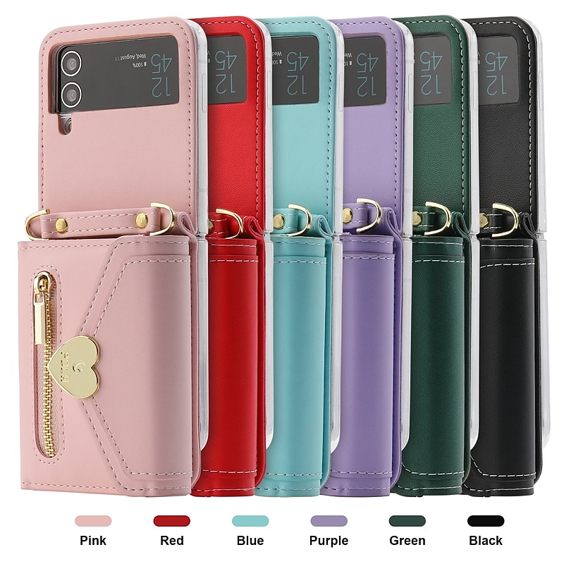 Phone Case For Samsung Galaxy Z Flip 6 Z Flip 5 Z Flip 4 Z Flip 3 Handbag Purse Wallet Case Flip Zipper with Removable Cross Body Strap Solid Colored PU Leather2