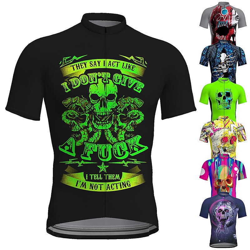 Men's Cycling Jersey Skull Letter & Number Funny Short Sleeve Bike Tee Tshirt Top with 3 Rear Pockets Mountain Bike MTB Road Bike Cycling Quick Dry Reflective Strips Back Pocket Moisture Wicking