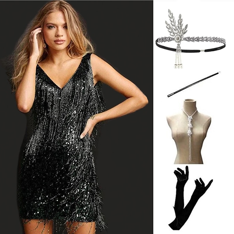 Roaring 20s 1920s Vintage Inspired Flapper Dress Dress Outfits Sleeveless The Great Gatsby Wedding Guest Tassel Fringe Solid Colored Tassel V Neck Fancy Dress Women's Carnival Valentine's Day2