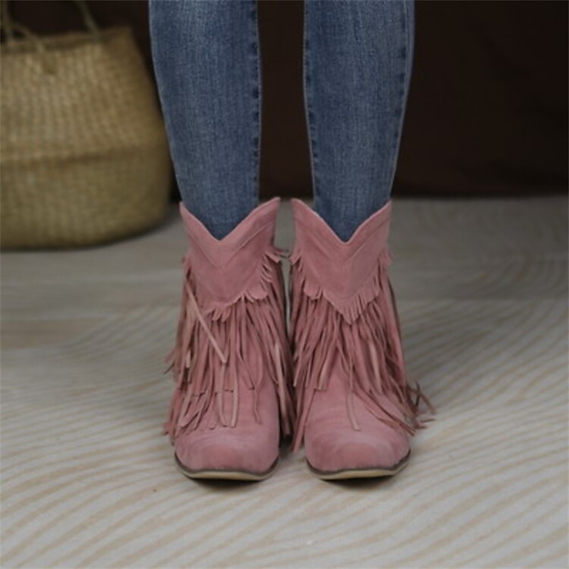 Women's Pink Suede Fringe Western Ankle Boots - Boho Chic Style for Casual Outings and Music Festivals2