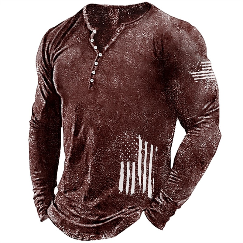 Men's Graphic Prints National Flag Henley Shirt Graphic Tee Long Sleeve Shirt Long Sleeve Hot Stamping Designer Basic Modern Contemporary Vacation Street Going out Spring &  Fall Black Red Navy Blue4