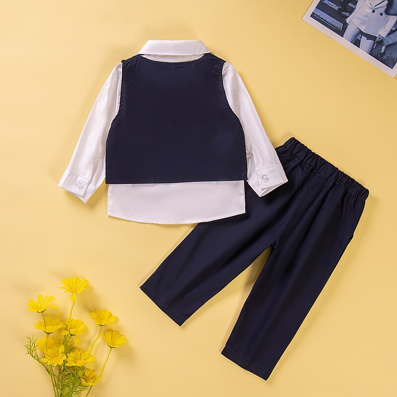 3 Pieces Toddler Boys Shirt & Pants Outfit Solid Color Long Sleeve Buttons Cotton Set School Fashion Daily Spring Fall 1-3 Years Black Royal Blue Sky Blue2
