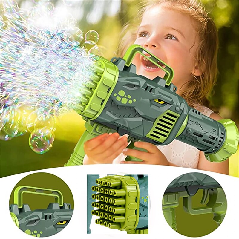 32-Hole Bubble Gun Dinosaur Bubble Maker Machine with Light Funny Electric Automatic Bubble Maker Outdoor Party Toy Kids Gift