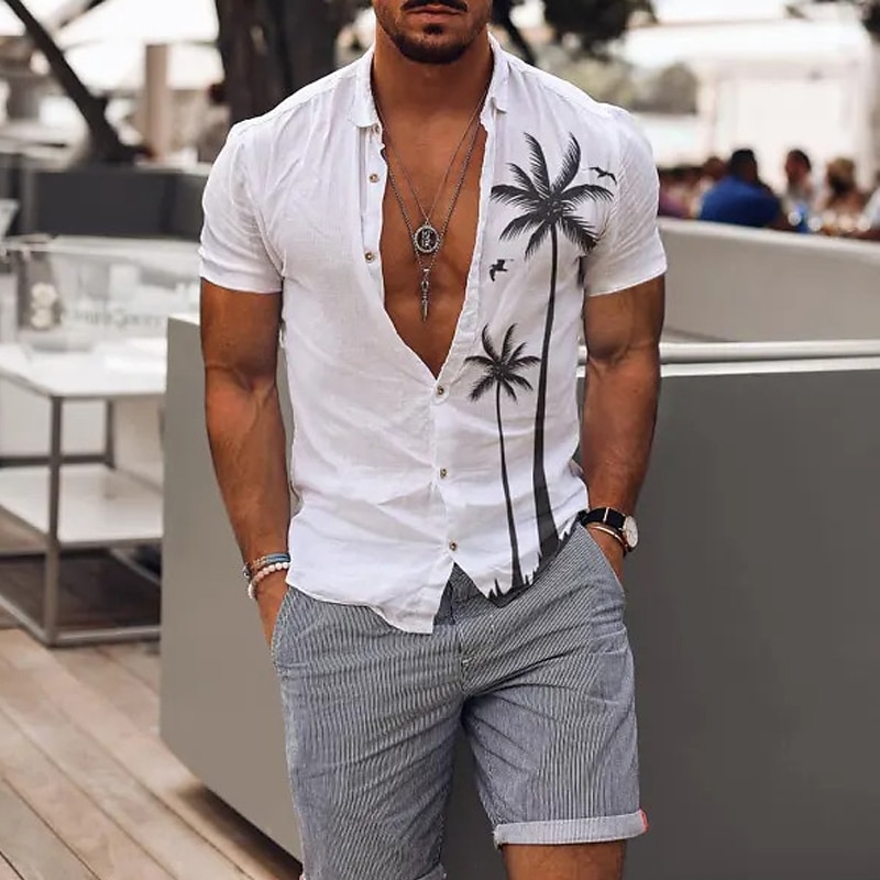 Men's Coconut Tree Tropical Plants Summer Hawaiian Shirt Aloha Shirt Short Sleeve Shirt Turndown Fashion Comfortable Vacation Casual Daily White Blue Khaki S M L2
