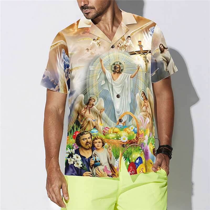 Men's Easter Jesus Shirt Button Up Shirt Short Sleeve Tropical Fashion Hawaiian Casual Holiday Beach Summer Spring Turndown Print Button-Down Khaki